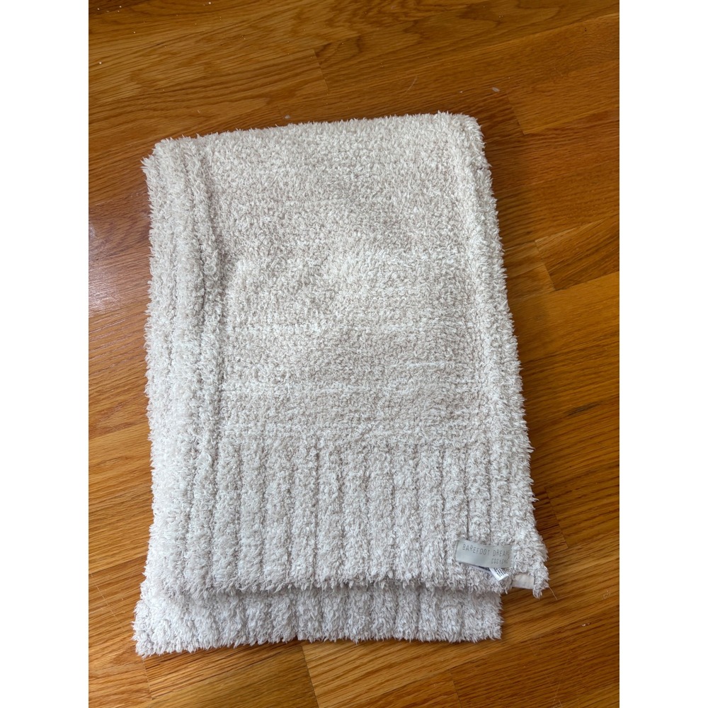 Barefoot Dreams CozyChic Scarf Cream Oatmeal Ribbed Trim Plush Knit 72x12
